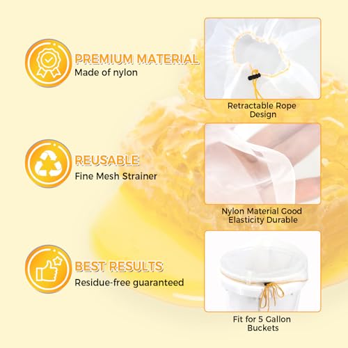 6 Pcs Honey Filter Bag,Ultra-Fine Food Grade Mesh Nylon Strainer with Adjustable Drawstring,5 Gallon Bucket Honey Extraction,Honey Strainer Reusable and Washable