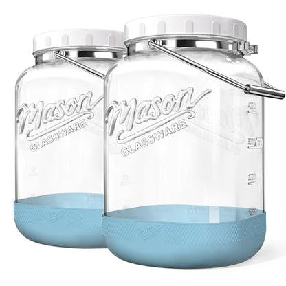 2 Pack 1.5 Gallon Glass Jar With Airtight Lid, Large Mason Jars Wide Mouth with Scale Marks, Big Glass Storage Containers with Heavy-duty Handles & Non-slip Bases - for Flour, Pickling (192Oz