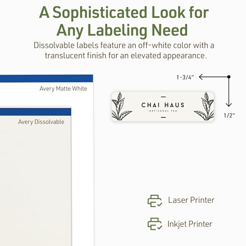 Avery Dissolvable Rectangle Labels, Sure Feed Technology, 0.5" x 1.75", Matte White, Print-to-The-Edge, Laser/Inkjet Printable, 600 Labels Total - style: 600 labels