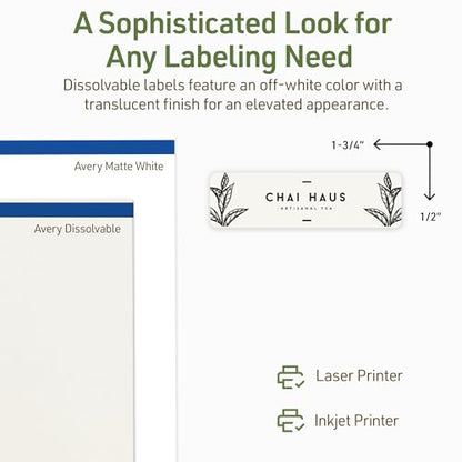 Avery Dissolvable Rectangle Labels, Sure Feed Technology, 0.5" x 1.75", Matte White, Print-to-The-Edge, Laser/Inkjet Printable, 600 Labels Total - style: 600 labels