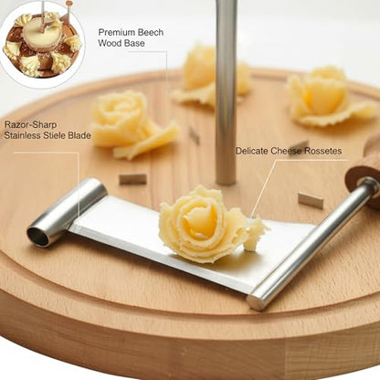 Cheese Curler Wheel with Lid - Stainless Steel Girolle Cheese Shaver Tool with Wood Base - Round Floral Slicer Maker for Tête de Moine, Hard Cheeses & Chocolate