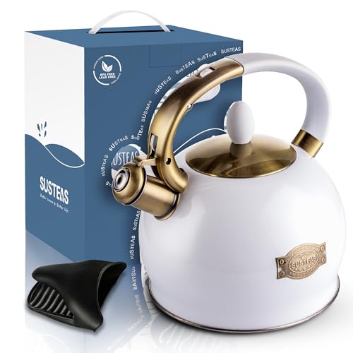 SUSTEAS Stove Top Whistling Tea Kettle - Food Grade Stainless Steel Teakettle Teapot with Cool Touch Ergonomic Handle, With 1 Silicone Pinch Mitt Included, 2.64 Quart(WHITE) - color: White