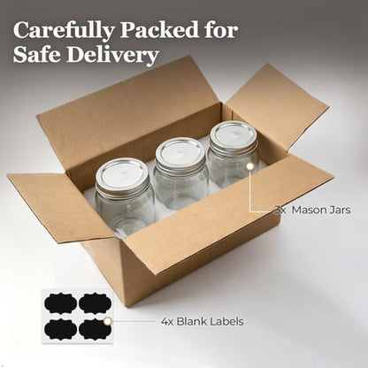 ComSaf 16 oz Regular Mouth Mason Jars, 3-PCS Safety-Button Lids | Button seal indicator/airtight, Pint soda-lime glass, BPA free, Canning safe, Freezer/dishwasher safe, Meal Prep Storage