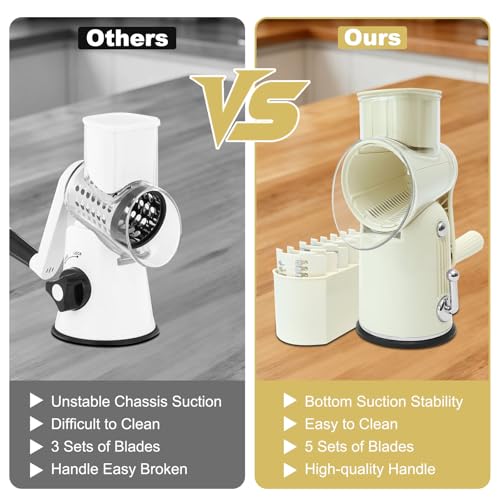 5 in 1 Cheese Grater with Rotary Hand Crank - Vegetable Chopper with Replaceable Stainless Blades, Strong Suction Base, Handle, Blade Storage Box, Easy-Clean Multipurpose Kitchen Slicer (White) - color: White