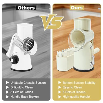 5 in 1 Cheese Grater with Rotary Hand Crank - Vegetable Chopper with Replaceable Stainless Blades, Strong Suction Base, Handle, Blade Storage Box, Easy-Clean Multipurpose Kitchen Slicer (White) - color: White