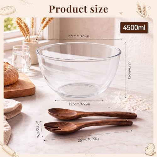 4.7 Qt Large Glass Mixing Bowl with Lid and Acacia Spoons Forks Salad Serving Glass Bowl Meal Prepping Container for Sourdough Bread Baking Fruit Kitchen Storage Marinating Brining Kimch
