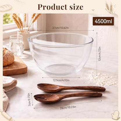 4.7 Qt Large Glass Mixing Bowl with Lid and Acacia Spoons Forks Salad Serving Glass Bowl Meal Prepping Container for Sourdough Bread Baking Fruit Kitchen Storage Marinating Brining Kimch