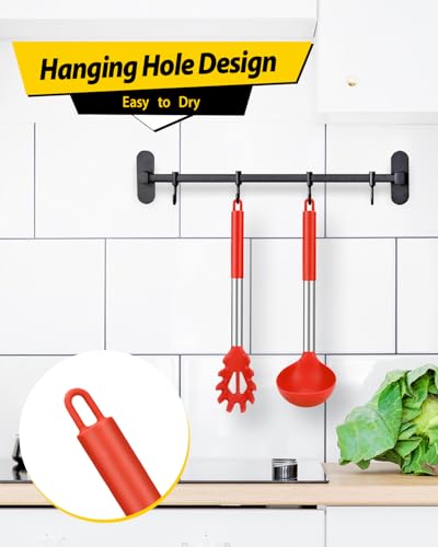 Silicone Pasta Fork and Ladle Spoon Set, Large Non Stick Kitchen Utensils for Cooking,Stirring,Serving Spaghetti, Soup, Sauce (RED) - color: Red