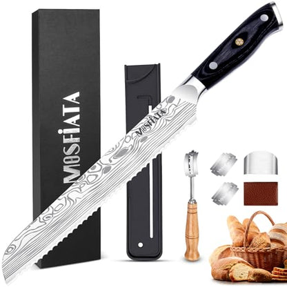 MOSFiATA Bread Knife 8” Ultra Sharp Serrated Knife, German High Carbon Stainless Steel EN1.4116 Bread Slicer with Bread Lame, Micarta Handle, For Bread, Cake, Bagels - style: 8 inch bread knife
