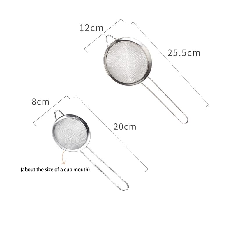 2 Pack Fine Mesh Strainer Set, Stainless Steel Kitchen Sieve for Flour Sifting, Juice Soy Milk Tea Strainer, Small Metal Colander Kitchen Filter Tool (12cm + 8cm)