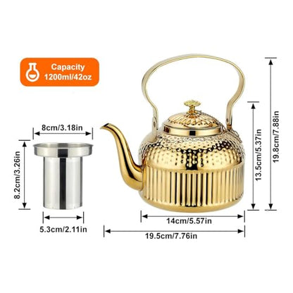 SANQIAHOME Antique 1.4L (45 Oz) Stainless Steel Teapot with Infuser Gold - color: Gold, size: 1.4 Liters