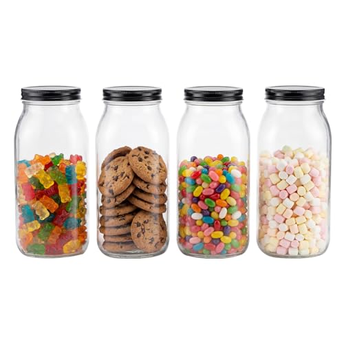 novelinks 64 oz Large Plastic Mason Jars with Airtight Lids Wide Mouth | 4 Pack, Black, Storage Jars with Airtight Lids, Mason Jars 64oz, Big Jars Wide Mouth, Plastic Storage Containers for Pantry - color: Black