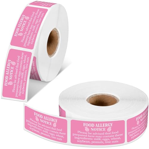 Gueevin 600 Count 1x2'' Food Allergy Warning Labels Allergies Restaurant Food Safety Self Adhesive Stickers Restaurant Removable Thermal Printed Labels for Kitchen(Pink) - color: Pink