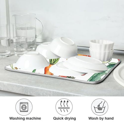 Scribble Vegetable Pattern Dish Drying Mat, Absorbent Heat Resistant, 16 x 18 inch Dish Drainer for Kitchen Countertop, Dining Table