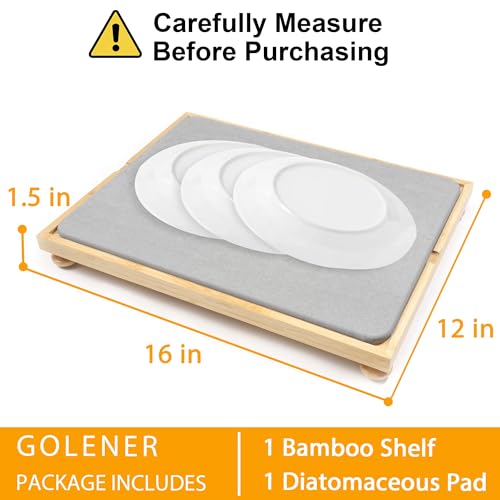 Golener Stone Drying Mat for Kitchen Counter, Dish Drying Pad with Bamboo Rack, Super Absorbent Diatomaceous Earth and Drying Rack, Multi-purpose Quick Drying Mat Rack for Kitchen, 16”x12”, Dark Grey
