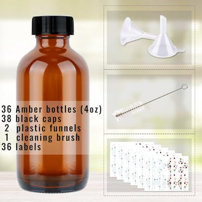PINIWON 36 Pack 4 oz Amber Glass Bottles, 120ml Boston Round Sample Bottles with Black Poly Cone Caps, Labels, Funnels and Brush - color: Amber-36 pack
