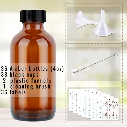 PINIWON 36 Pack 4 oz Amber Glass Bottles, 120ml Boston Round Sample Bottles with Black Poly Cone Caps, Labels, Funnels and Brush - color: Amber-36 pack