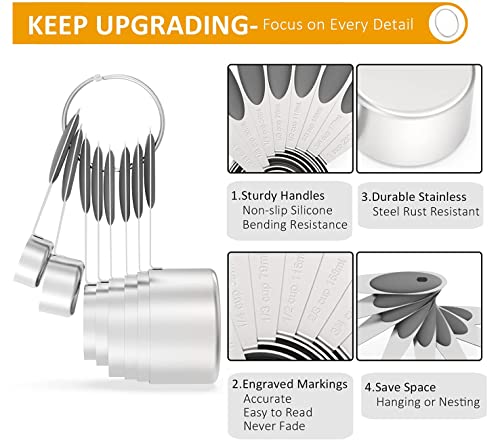 Wildone Measuring Cups and Magnetic Measuring Spoons Set, 16Pcs | 8 Stainless Measuring Cups, 7 Double-sided Magnetic Measuring Spoons & Leveler for Spice Jar and Liquid Measuring, Gray - color: Gray
