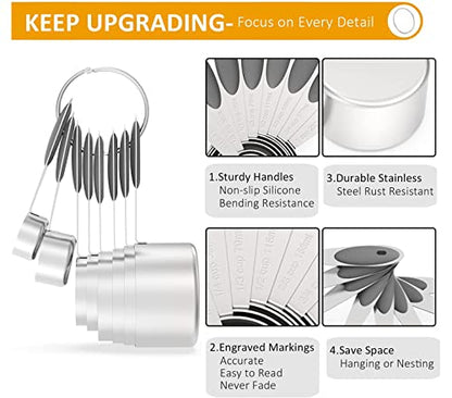 Wildone Measuring Cups and Magnetic Measuring Spoons Set, 16Pcs | 8 Stainless Measuring Cups, 7 Double-sided Magnetic Measuring Spoons & Leveler for Spice Jar and Liquid Measuring, Gray - color: Gray