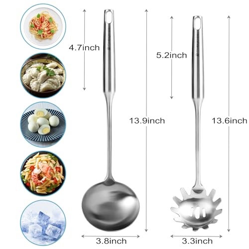 Stainless Steel Soup Ladle and Spaghetti Spoon Set - Large Ladle Spoon, Pasta Strainer, Durable Kitchen Cooking Utensils for Stirring, Serving Pasta, Soup & Sauce，Perfect Gifts - size: Silvery
