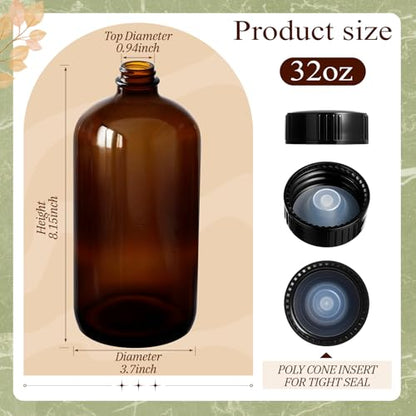 Cinnvoice 6 Pcs 32 oz Amber Boston Glass Bottles Brown Glass Bottles with Airtight Lids Quart Sized Beer Growler Dark Juice Jars for Kombucha Brewing Essential Oils Vanilla Extract Lab Holiday Gift