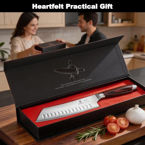 imarku Santoku Chef Knife 7 Inch, Ultra Sharp High Carbon Stainless Steel Japanese Kitchen Knife with Hollow Edge | Ergonomic Pakkawood Handle, Gift Box for Meat/Vegetables/Tomatoes & Daily Cooking - color: Arctic Silver