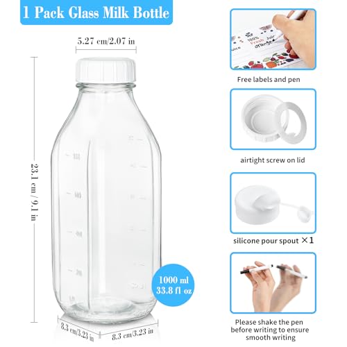 Syntic Square Liter Glass Milk Bottles with Airtight Lid - 100% Leak-Proof Heavy Duty Screw Cap, 32 Oz Glass Juice Bottles w Scale Mark, Reusable Jugs Pitcher for Homemade Juice(Extra 1 Lid and Pen) - style: Milk Bottle-1pack