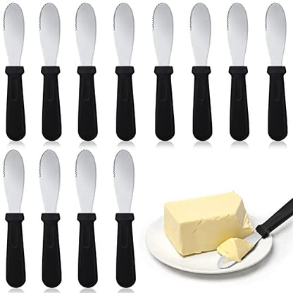 12 Pcs Butter Spreader Knives Wide Blade Stainless Steel Cheese Spreader Knife Black Plastic Handle Slicing or Spreading Knife for Slicing Bread Cream Sandwich Condiment Kitchen 9.1 Inch