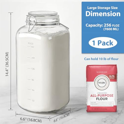 2 Gallon Glass Jar with Airtight Lid, 1 Pack Glass Storage Jars with Sturdy Stainless Steel Handle(256 FL Oz), Wide Mouth Jar, Flour Sugar Storage Containers for Rice, Cereals, Oats, Flour