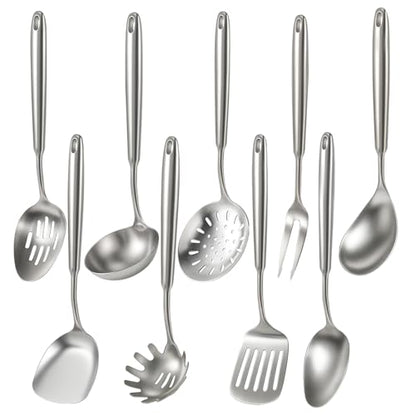 Newness 9 Pcs Cooking Utensils Set, 304 Stainless Steel Kitchen Utensils Set, Metal Kitchen Accessories, Include Soup Ladle, Slotted Skimmer Spoon, Spaghetti Spoon and Spatula, Dishwasher Safe (Short) - size: Small 9 PCS Cooking Utensils Set