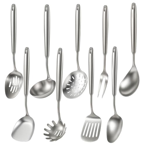 Newness 9 Pcs Cooking Utensils Set, 304 Stainless Steel Kitchen Utensils Set, Metal Kitchen Accessories, Include Soup Ladle, Slotted Skimmer Spoon, Spaghetti Spoon and Spatula, Dishwasher Safe (Short) - size: Small 9 PCS Cooking Utensils Set