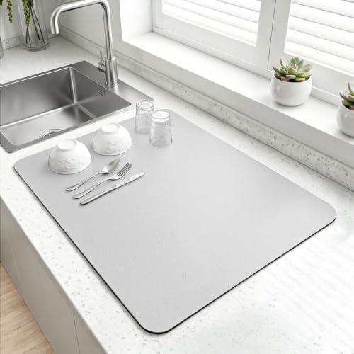 LOPNUR Kitchen Dish Drying Mat, 18"x16" Small Dish Drying Mats for Kitchen Counter, Diatomite Coffee Mat, Super Absorbent Dish Drying Pad, Heat Resistant Mat with Anti-slip Rubber Backed, Light Grey - color: Light Grey, size: 18" x 16"