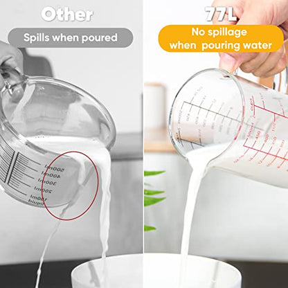 77L High Borosilicate Glass Measuring Cup with Handle, [Double-Sided Measuring Scale, V-Shaped Spout, Insulated handle], Glass Measuring Cup with Three Scales (OZ, Cup, ML) for Liquid (500 ML) - size: 2 Cup (500 ml)