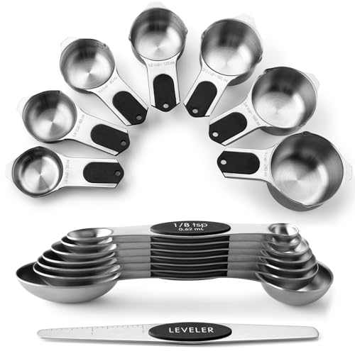 Spring Chef Magnetic Measuring Cups & Spoons Set, Patented, Strong N45 Magnets, Heavy Duty Stainless Steel Fits in Spice Jars for Baking & Cooking, BPA Free, Round Set of 15 with Leveler, Black - color: Black, size: Set of 15