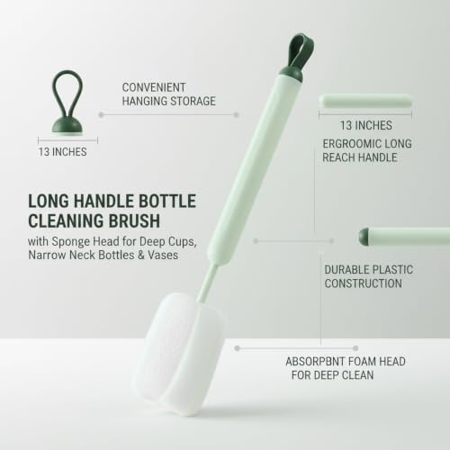 Long Handle Bottle Cleaning Brush with Soft Sponge Head for Deep Cups, Narrow Neck Bottles & Vases - 13 Inch - color: Green