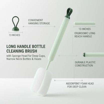 Long Handle Bottle Cleaning Brush with Soft Sponge Head for Deep Cups, Narrow Neck Bottles & Vases - 13 Inch - color: Green