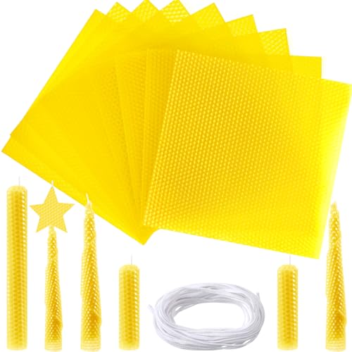 Moinchore 24 Pcs Beeswax Making Kit, 8 x 8 Inch Vibrant Colors Beeswax Sheet for Making with 1 Roll Cotton Wick, DIY Craft Rolling Supplies for Christmas Handmade Crafts Gift(Yellow)