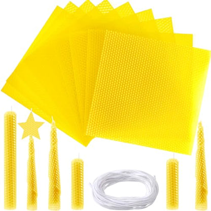 Moinchore 24 Pcs Beeswax Making Kit, 8 x 8 Inch Vibrant Colors Beeswax Sheet for Making with 1 Roll Cotton Wick, DIY Craft Rolling Supplies for Christmas Handmade Crafts Gift(Yellow)