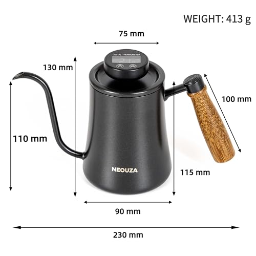 NEOUZA 500ml Gooseneck Kettle with Mechanical Dial Thermometer, 304 Stainless Steel Stovetop Safe Kettle for Pour Over Coffee and Tea, Precision Spout & Wooden Handle - color: Mechanical Thermometer