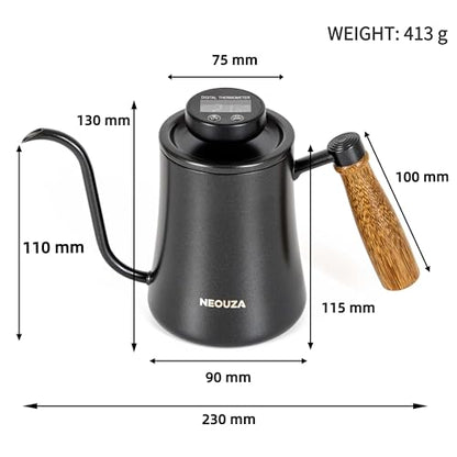 NEOUZA 500ml Gooseneck Kettle with Mechanical Dial Thermometer, 304 Stainless Steel Stovetop Safe Kettle for Pour Over Coffee and Tea, Precision Spout & Wooden Handle - color: Mechanical Thermometer