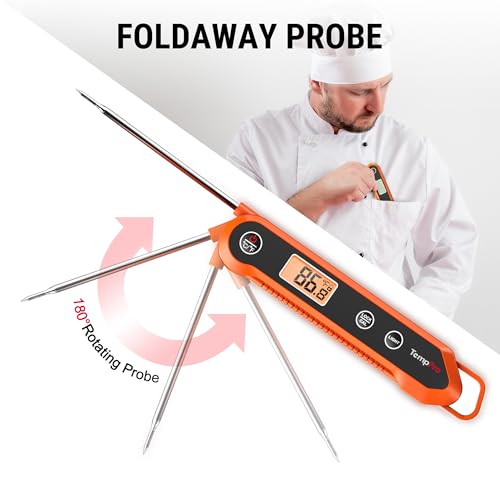 TempPro Digital Instant Read Meat Thermometer for Grilling, Waterproof Food Thermometer with Calibration Backlight Baking Bread Candy Thermometer Cooking Gift for Dad Husband (Previously ThermoPro) - color: Orange