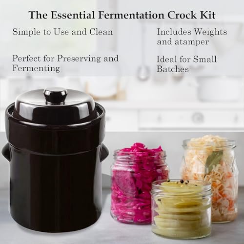 Fermentation Crock Jar 10 Liter/2.6 Gallon - Stoneware Pot for Fermenting, Pickling Kimchi, Pickles, Vegetables, Kombucha - Glazed Fermenter with Stone Weights, Lid