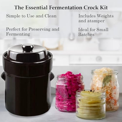 Fermentation Crock Jar 10 Liter/2.6 Gallon - Stoneware Pot for Fermenting, Pickling Kimchi, Pickles, Vegetables, Kombucha - Glazed Fermenter with Stone Weights, Lid