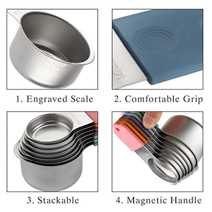 Magnetic Measuring Cups and Spoons Set Including 7 Stainless Steel Heavy Duty Measuring Cup 8 Double Sided Measuring Spoons with 1 Leveler for Dry and Liquid Ingredients (Color) - color: Color