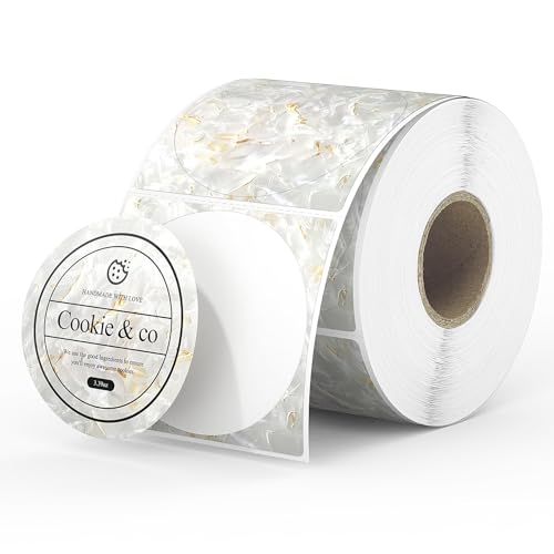 MUNBYN 2 Inch Round Shell Texture Thermal Labels, Waterproof Circle Stickers for Small Business, 500 Labels/Roll (White) - color: Gold White, size: 2"