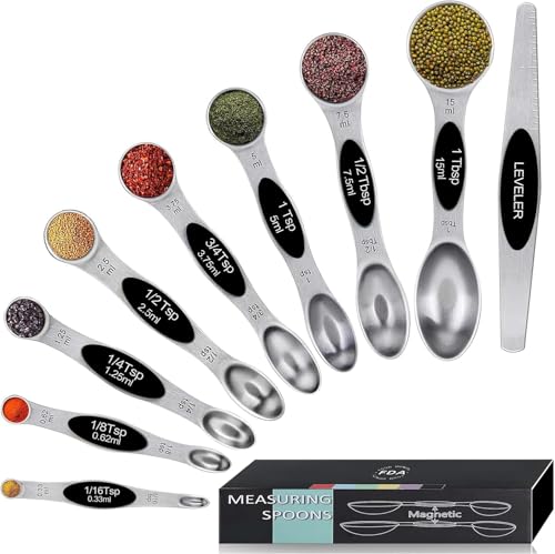 Magnetic Measuring Spoons Set,Heavy Duty Stainless Steel,Dual Sided Stackable Measuring Spoons Nesting Teaspoons Tablespoons for Measuring Dry and Liquid Ingredients,Set of 9 (Black) - color: Black