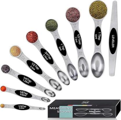 Magnetic Measuring Spoons Set,Heavy Duty Stainless Steel,Dual Sided Stackable Measuring Spoons Nesting Teaspoons Tablespoons for Measuring Dry and Liquid Ingredients,Set of 9 (Black) - color: Black