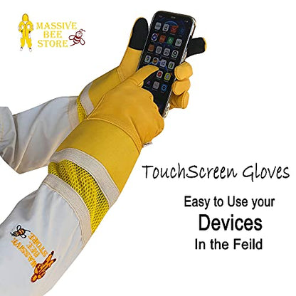 Massive Bee Cowhide Beekeeping Ventilated Cowhide Leather Gloves Yellow Rubber Cuff Then Yellow Mesh with Off white jeans - color: Touchscreen Gloves, size: Large