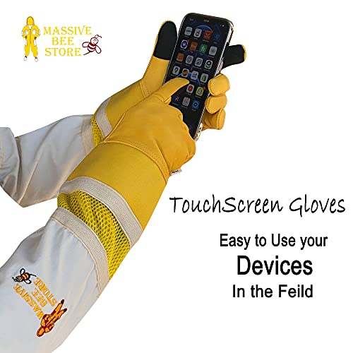Massive Bee Cowhide Beekeeping Ventilated Cowhide Leather Gloves Yellow Rubber Cuff Then Yellow Mesh with Off white jeans - color: Touchscreen Gloves, size: X-Large