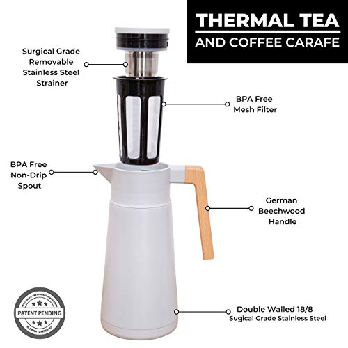 Thermal Coffee Carafe 68 Oz - Stainless Steel Insulated with Tea Infuser | Keeps Hot 12 Hours, Double Walled Vacuum, German Beechwood Handle, BPA-Free, 2 Liter Beverage Dispenser Thermos, Gray - color: Gray